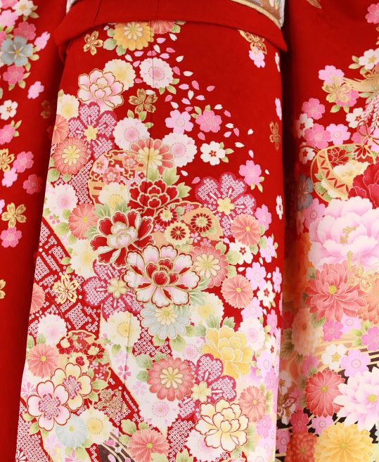 参列振袖[かわいい系]赤に焦げ茶・オレンジピンクの小さい花々[身長167cmまで]No.800